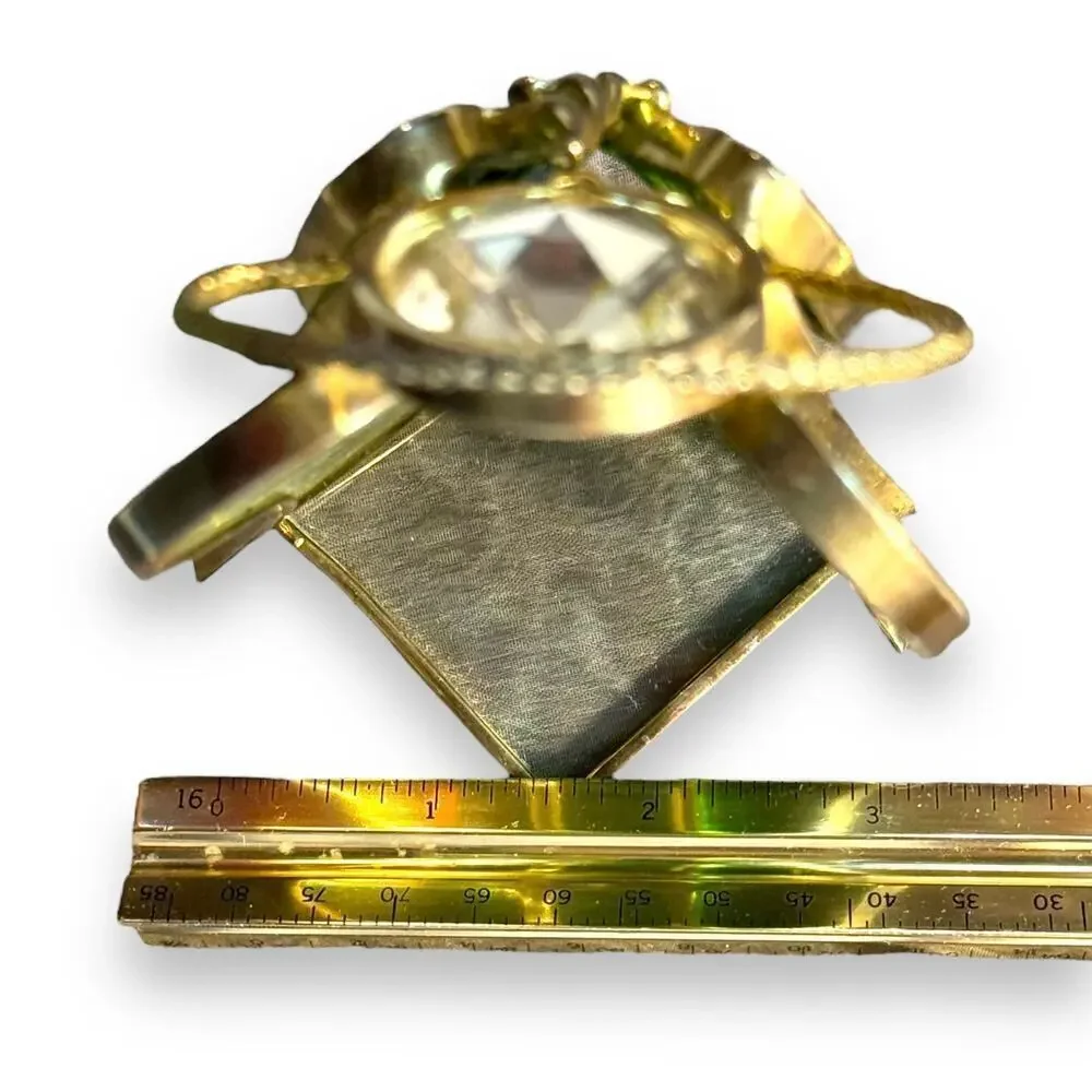 VTG Green Stained Glass Gold Tone Angel Candle Votive Holder Signed Leny 1979